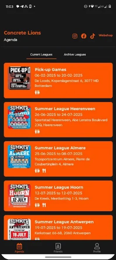 Concrete Lions app showing the league agenda