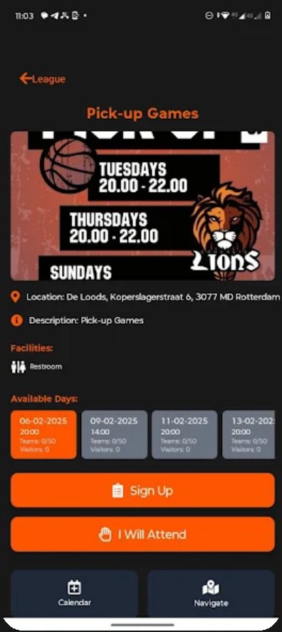 Concrete Lions app showing sign-up for pick-up games